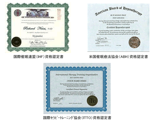 国際催眠連盟（IHF）資格認定書、米国催眠療法協会（ABH）資格認定書と国際セラピートレーニング協会（ITTO）資格認定書