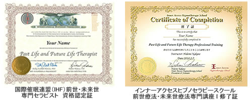 国際催眠連盟（IHF）認定証とインナーアクセスヒプノセラピースクール修了証