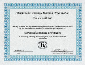 ITTO（国際セラピートレーニング協会）ヒプノセラピスト資格認定書
